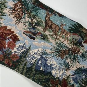 Nature Tapestry Table Runner Deer Mountain Scene Blue Green Pine Cones Cabin